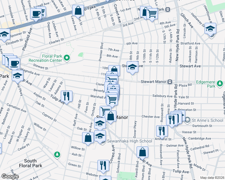 map of restaurants, bars, coffee shops, grocery stores, and more near 150 Tulip Avenue in Floral Park