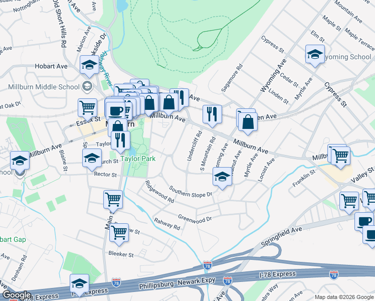 map of restaurants, bars, coffee shops, grocery stores, and more near 23 Undercliff Road in Millburn