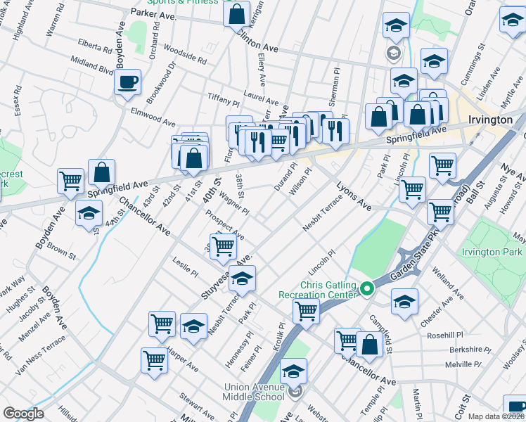 map of restaurants, bars, coffee shops, grocery stores, and more near 6 Edmund Place in Irvington