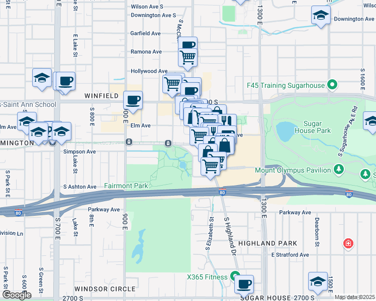map of restaurants, bars, coffee shops, grocery stores, and more near 2605 East Simpson Avenue in Salt Lake City
