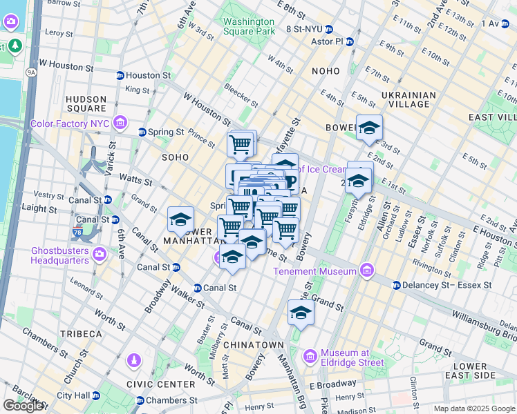 map of restaurants, bars, coffee shops, grocery stores, and more near 234 Mulberry Street in New York
