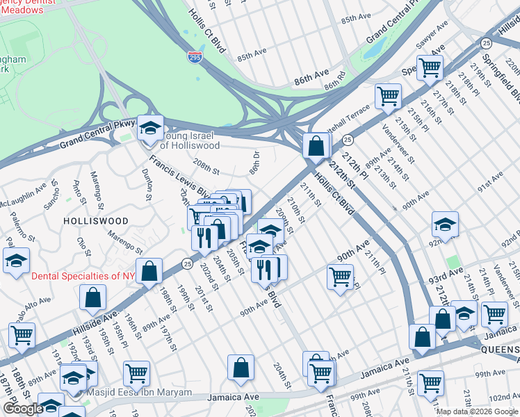 map of restaurants, bars, coffee shops, grocery stores, and more near 20721 New York 25 in Queens