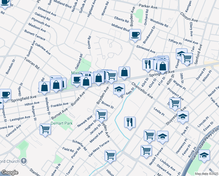 map of restaurants, bars, coffee shops, grocery stores, and more near 264 Boyden Avenue in Maplewood