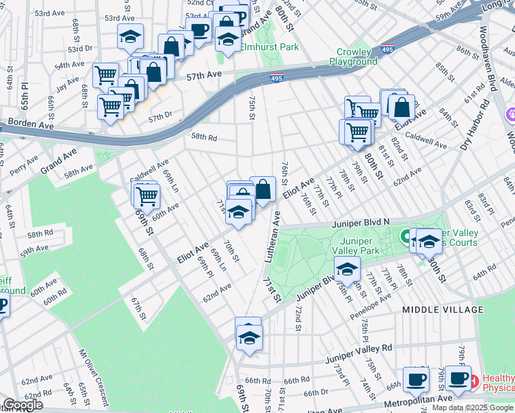 map of restaurants, bars, coffee shops, grocery stores, and more near 74-2 Eliot Avenue in Queens