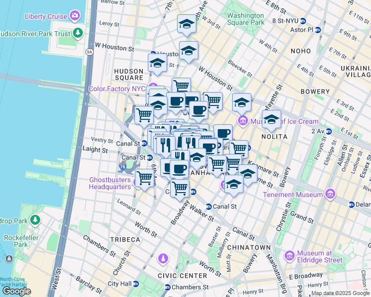 map of restaurants, bars, coffee shops, grocery stores, and more near 78 Grand Street in New York
