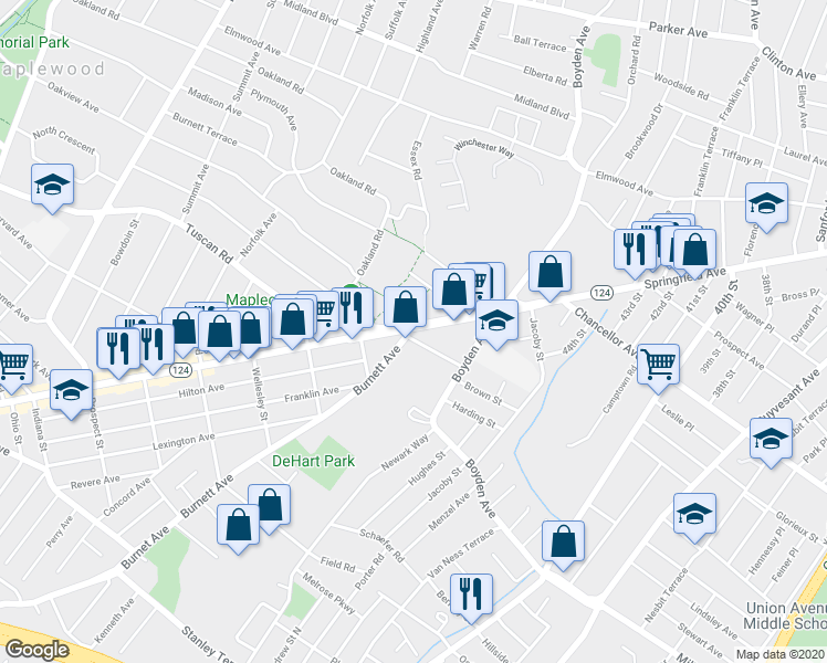 map of restaurants, bars, coffee shops, grocery stores, and more near 209 Tuscan Road in Maplewood