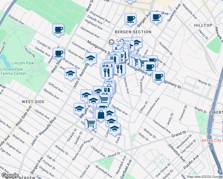 map of restaurants, bars, coffee shops, grocery stores, and more near in Jersey City