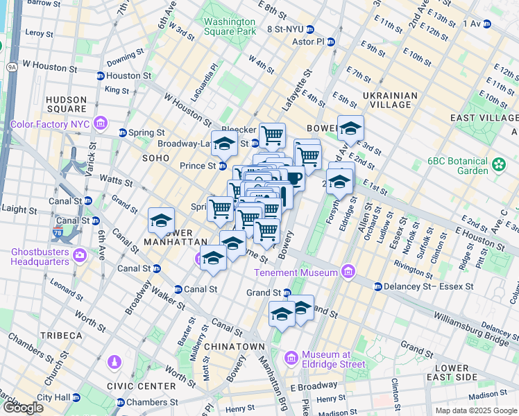 map of restaurants, bars, coffee shops, grocery stores, and more near 21 Spring Street in New York