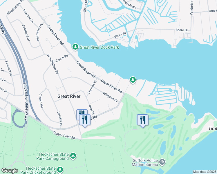 map of restaurants, bars, coffee shops, grocery stores, and more near 370 Great River Road in Great River