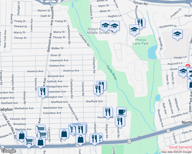 map of restaurants, bars, coffee shops, grocery stores, and more near 831 Outlook Avenue in West Babylon