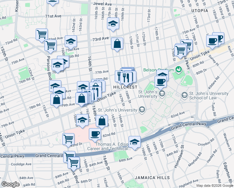 map of restaurants, bars, coffee shops, grocery stores, and more near 166-12 Union Turnpike in Queens