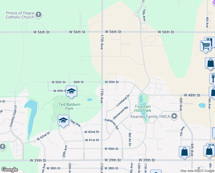 map of restaurants, bars, coffee shops, grocery stores, and more near 16th Avenue Place in Kearney