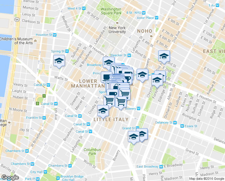 map of restaurants, bars, coffee shops, grocery stores, and more near 455 Lafayette St in New York