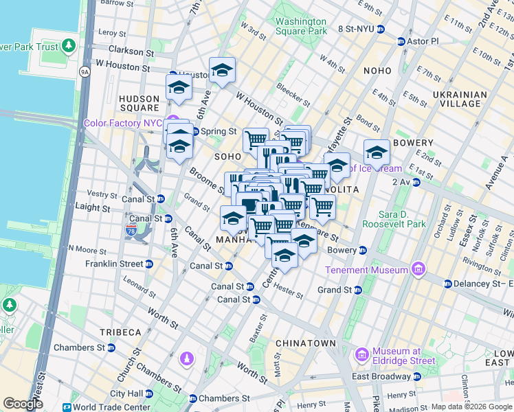 map of restaurants, bars, coffee shops, grocery stores, and more near 494 Broadway in New York