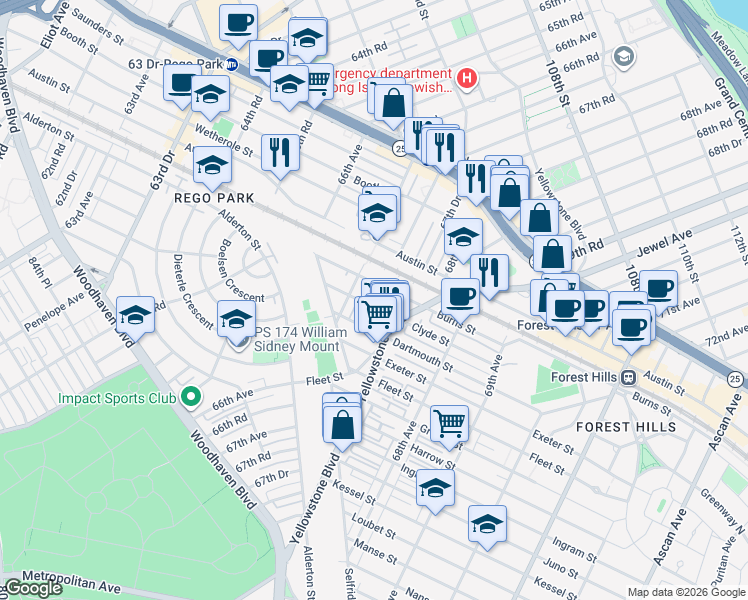 map of restaurants, bars, coffee shops, grocery stores, and more near 25 Clyde Street in Queens