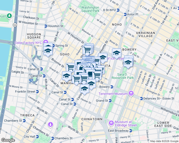 map of restaurants, bars, coffee shops, grocery stores, and more near 226 Lafayette Street in New York