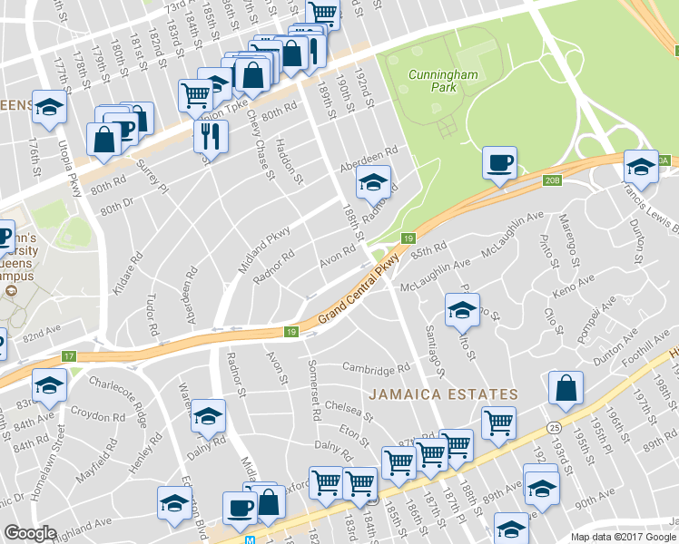 map of restaurants, bars, coffee shops, grocery stores, and more near 186-19 Grand Central Parkway in Queens