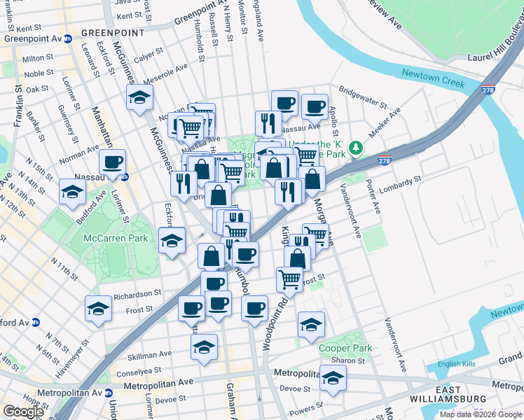 map of restaurants, bars, coffee shops, grocery stores, and more near 187 Engert Avenue in Brooklyn