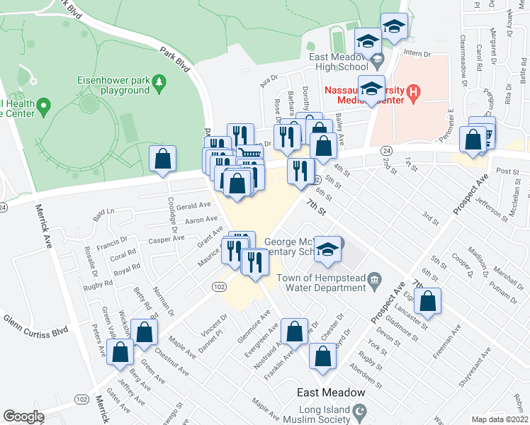map of restaurants, bars, coffee shops, grocery stores, and more near 1975 Front Street in East Meadow