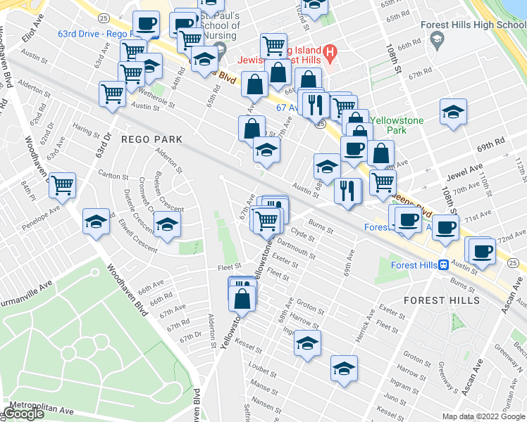 map of restaurants, bars, coffee shops, grocery stores, and more near 67-39 Clyde Street in Queens