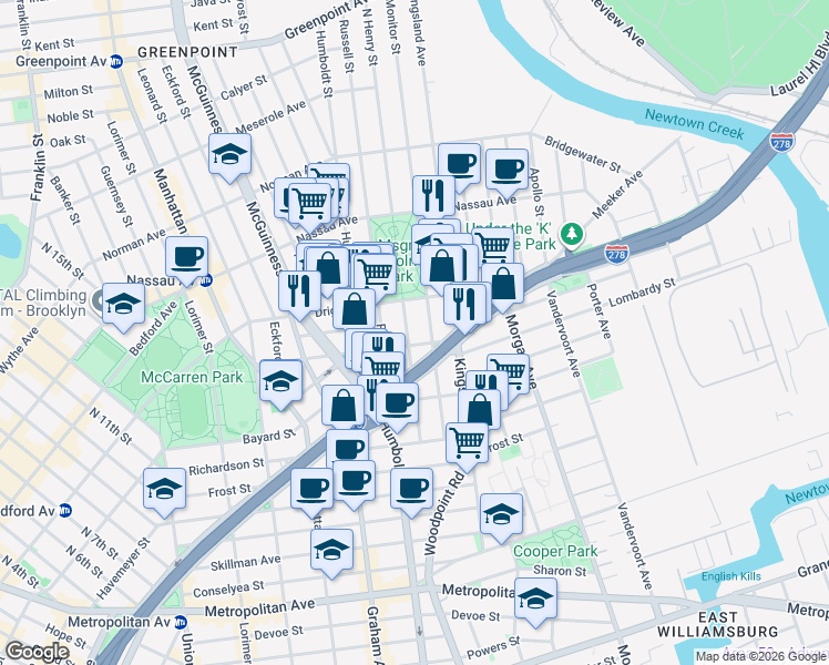 map of restaurants, bars, coffee shops, grocery stores, and more near 187 Engert Avenue in Brooklyn