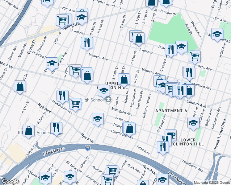 map of restaurants, bars, coffee shops, grocery stores, and more near 32 Vernon Avenue in Newark