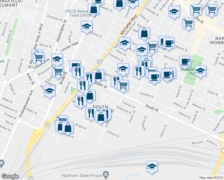 map of restaurants, bars, coffee shops, grocery stores, and more near South St & Hermon St in Newark
