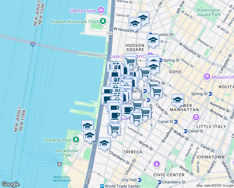 map of restaurants, bars, coffee shops, grocery stores, and more near in New York