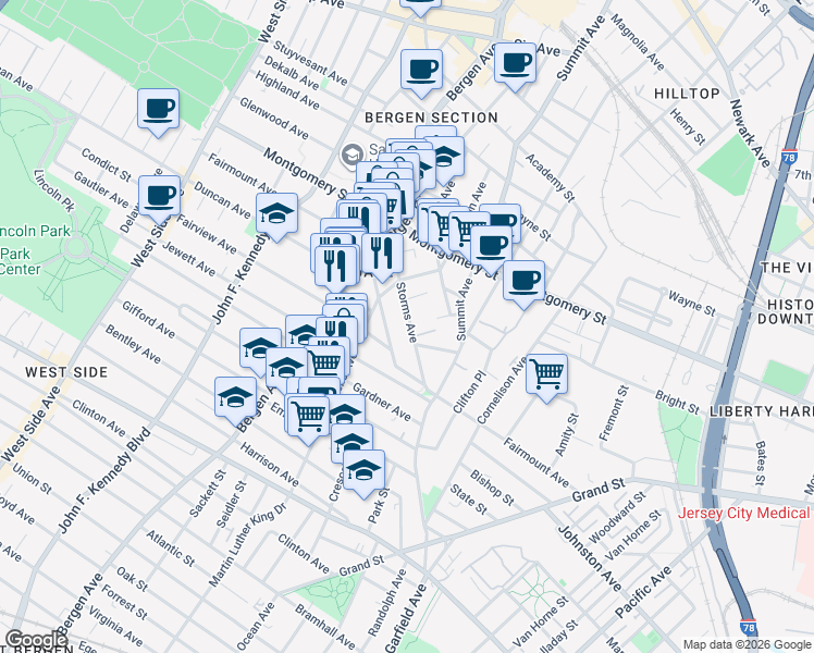 map of restaurants, bars, coffee shops, grocery stores, and more near 212 Fairmount Avenue in Jersey City