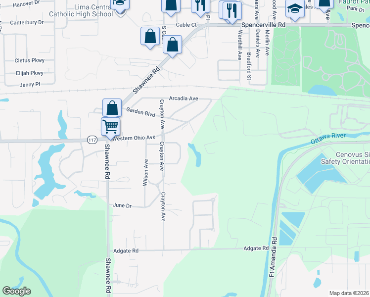 map of restaurants, bars, coffee shops, grocery stores, and more near 1040 Fulton Road in Lima