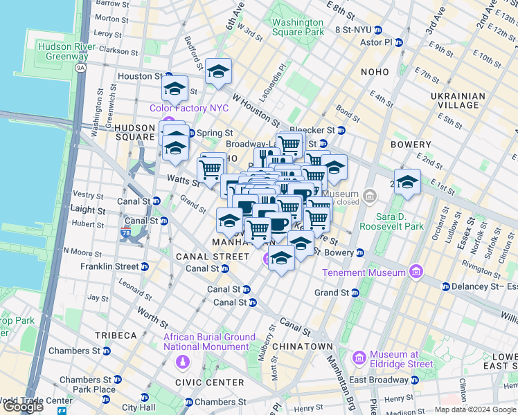 map of restaurants, bars, coffee shops, grocery stores, and more near 501 Broadway in New York