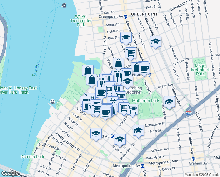 map of restaurants, bars, coffee shops, grocery stores, and more near 30 Berry Street in Brooklyn