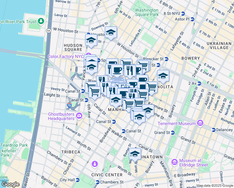 map of restaurants, bars, coffee shops, grocery stores, and more near in New York