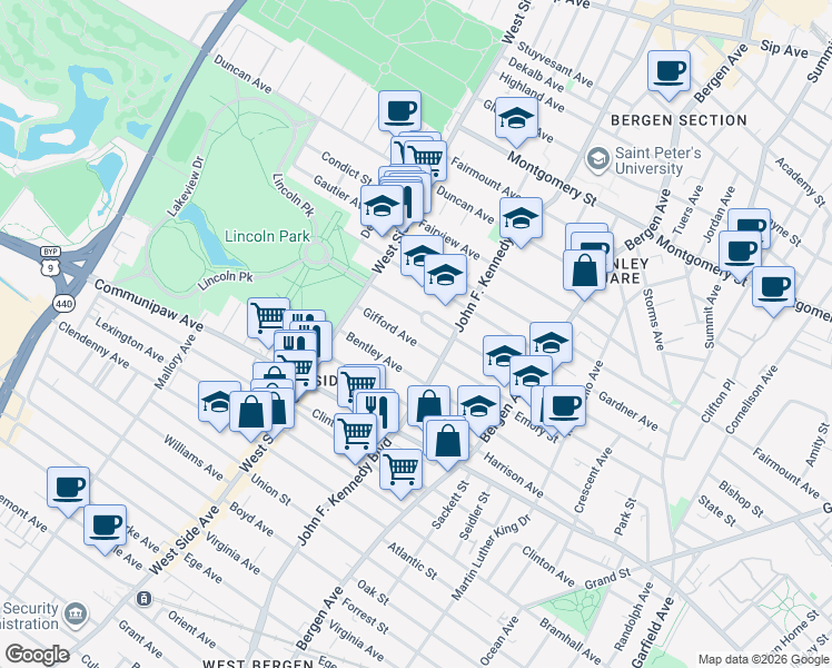 map of restaurants, bars, coffee shops, grocery stores, and more near 97 Gifford Avenue in Jersey City