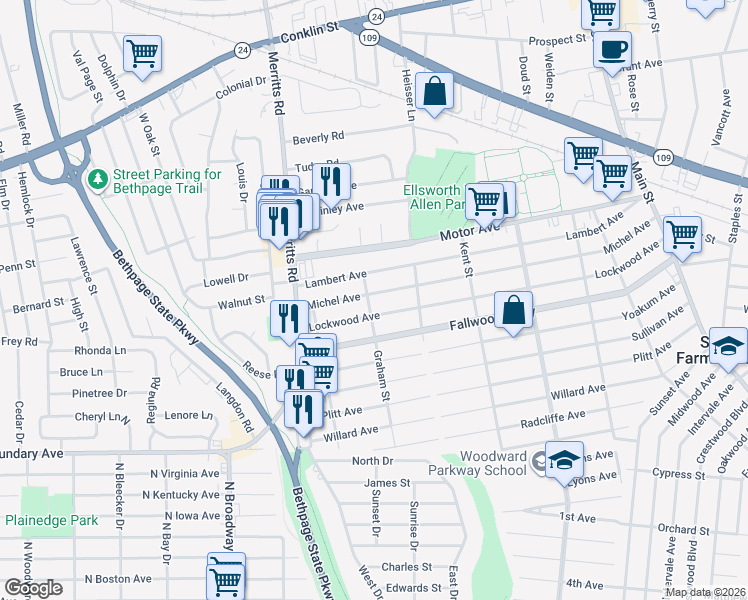 map of restaurants, bars, coffee shops, grocery stores, and more near 123 Lockwood Avenue in South Farmingdale