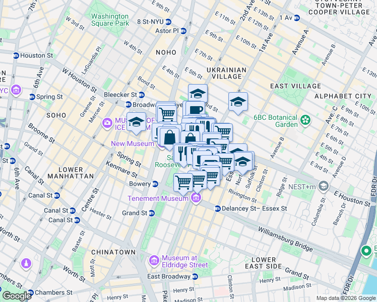 map of restaurants, bars, coffee shops, grocery stores, and more near 53 Stanton Street in New York