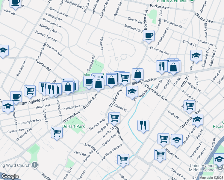 map of restaurants, bars, coffee shops, grocery stores, and more near 1585 Springfield Avenue in Maplewood