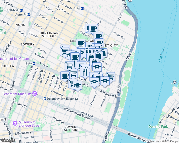 map of restaurants, bars, coffee shops, grocery stores, and more near Avenue C & E 4th St in New York
