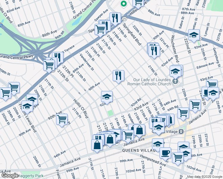 map of restaurants, bars, coffee shops, grocery stores, and more near 90-93 Vanderveer Street in Queens