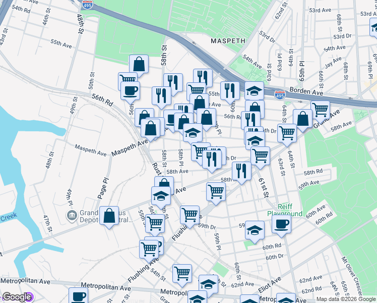 map of restaurants, bars, coffee shops, grocery stores, and more near 58-50 57th Road in Queens