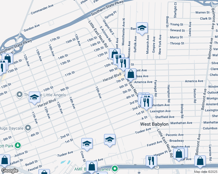 map of restaurants, bars, coffee shops, grocery stores, and more near 1542 6th Street in West Babylon