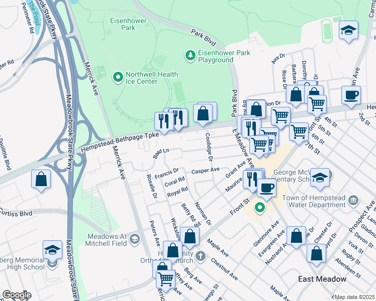 map of restaurants, bars, coffee shops, grocery stores, and more near 1772 Gerald Avenue in East Meadow