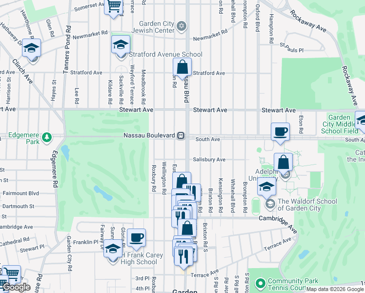 map of restaurants, bars, coffee shops, grocery stores, and more near 53 Nassau Boulevard in Garden City