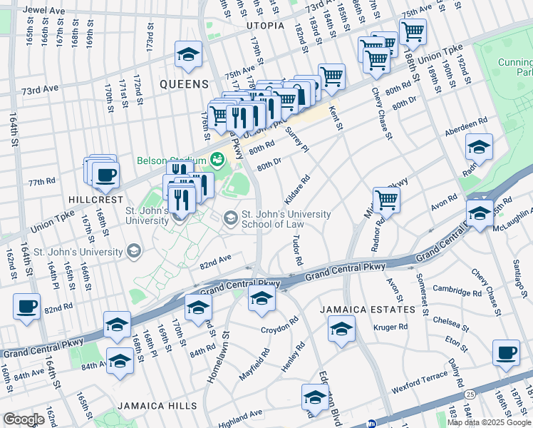map of restaurants, bars, coffee shops, grocery stores, and more near 176-33 Kildare Road in Queens