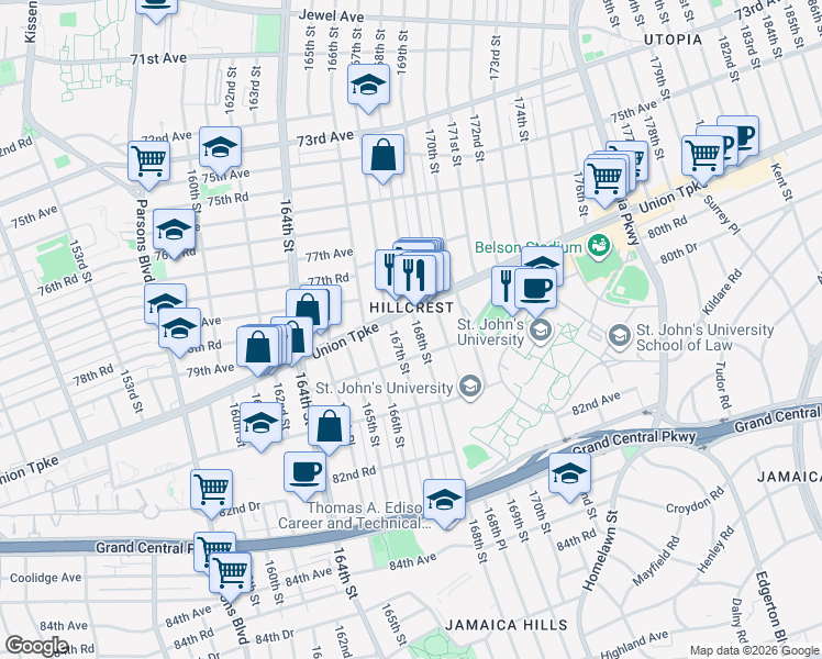 map of restaurants, bars, coffee shops, grocery stores, and more near 80-30 168th Street in Queens