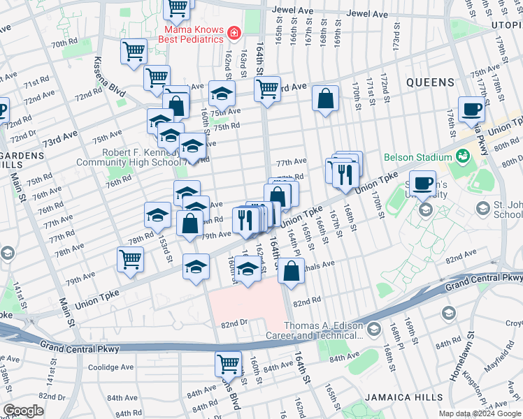 map of restaurants, bars, coffee shops, grocery stores, and more near 164-2 Union Turnpike in Queens