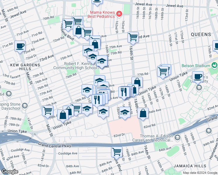map of restaurants, bars, coffee shops, grocery stores, and more near 158-17 78th Road in Queens