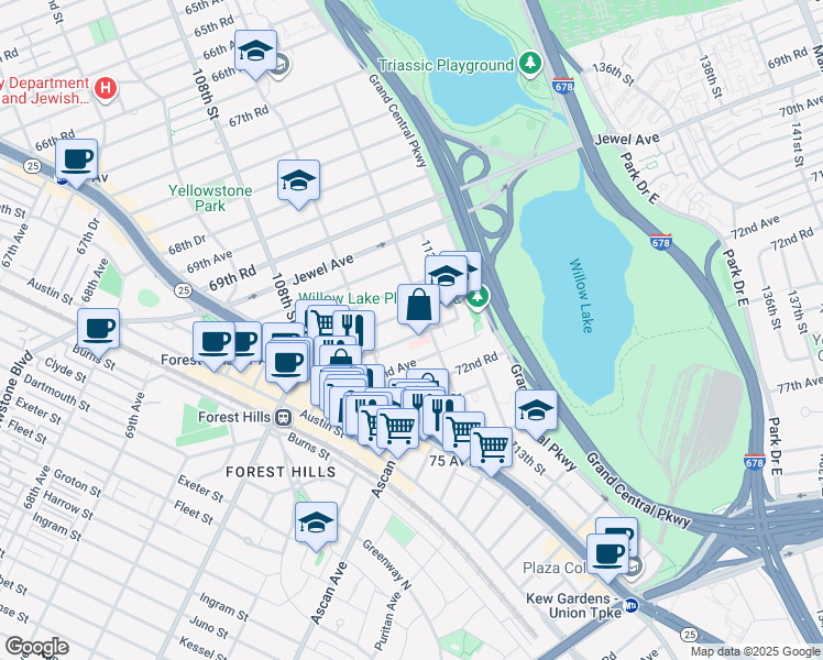 map of restaurants, bars, coffee shops, grocery stores, and more near 110-50 71st Road in Queens