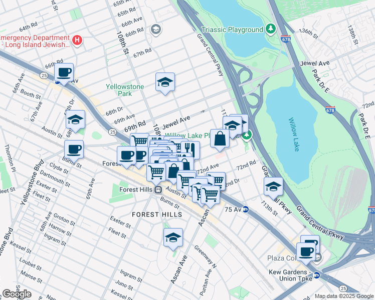 map of restaurants, bars, coffee shops, grocery stores, and more near 108-27 Queens Boulevard in Queens