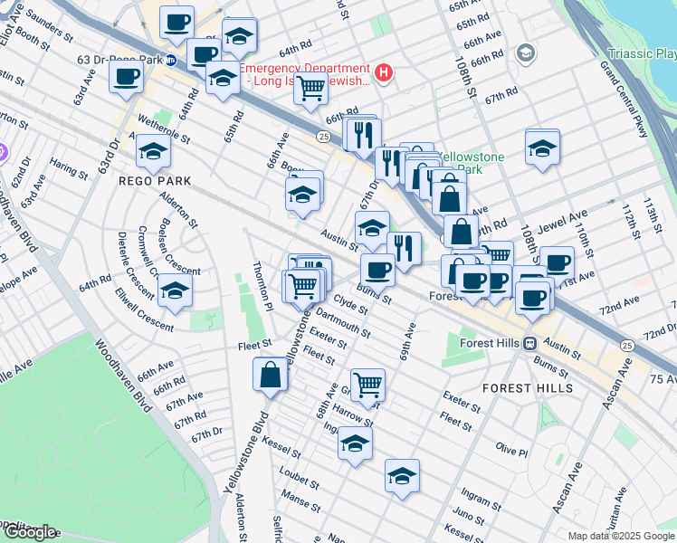 map of restaurants, bars, coffee shops, grocery stores, and more near 71-10 Yellowstone Boulevard in Queens